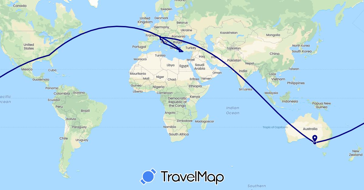 TravelMap itinerary: driving in Australia, Greece, Italy, United States (Europe, North America, Oceania)